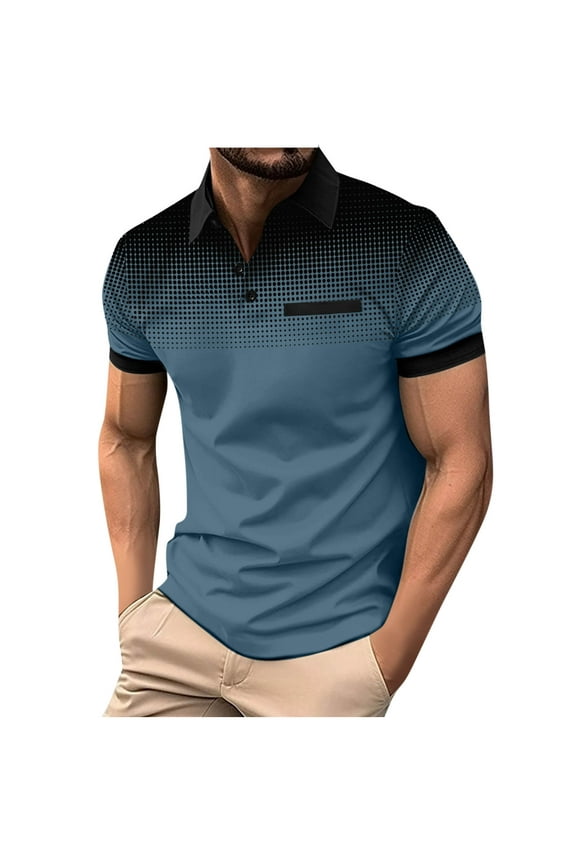 Mens Polo Shirts with Collar, Basic Gradient Print Casual Summer Short Sleeve Shirts Dark Blue Size L
