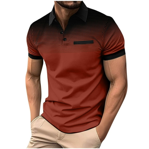 Fnooota Mens Polo Shirts with Collar, Basic Gradient Print Casual Summer Short Sleeve Shirts Watermelon Red Size M