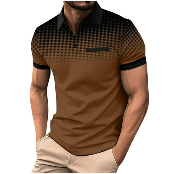 Fnooota Mens Polo Shirts with Collar, Casual Basic Gradient Print Summer Short Sleeve Shirts Brown Size 2XL