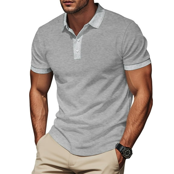 Fnooota Mens Polo Shirts with Collar, Casual Buttons Vacation Short Sleeve Summer Shirts Gray Size 3XL