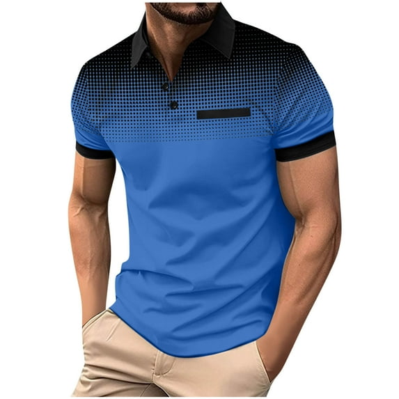 Fnooota Mens Polo Shirts with Collar, Casual Gradient Print Pullover Summer Short Sleeve Shirts Blue Size L