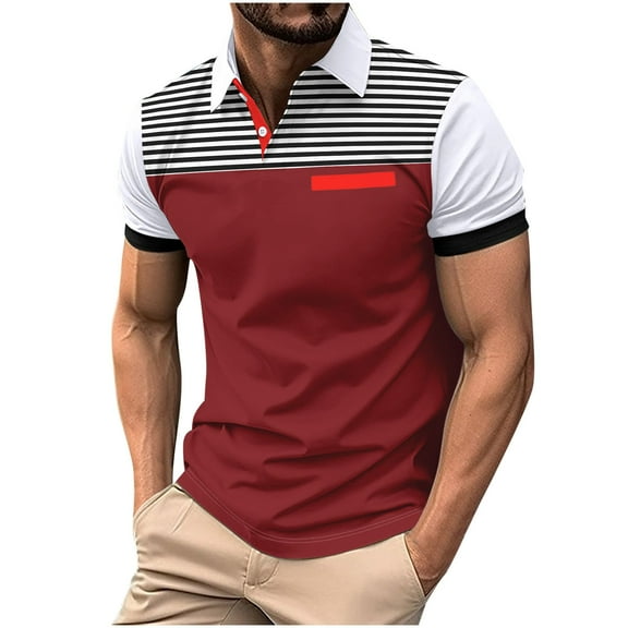 Fnooota Mens Polo Shirts with Collar, Casual Short Sleeve Stripe Pullover Summer Shirts Wine Size XL