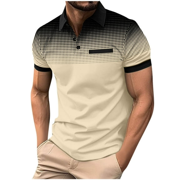 Fnooota Mens Polo Shirts with Collar, Pullover Casual Summer Gradient Print Short Sleeve Shirts Khaki Size S