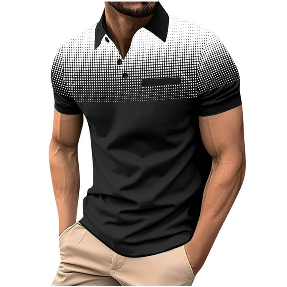 Fnooota Mens Polo Shirts with Collar, Pullover Summer Casual Gradient Print Short Sleeve Shirts Black Size L