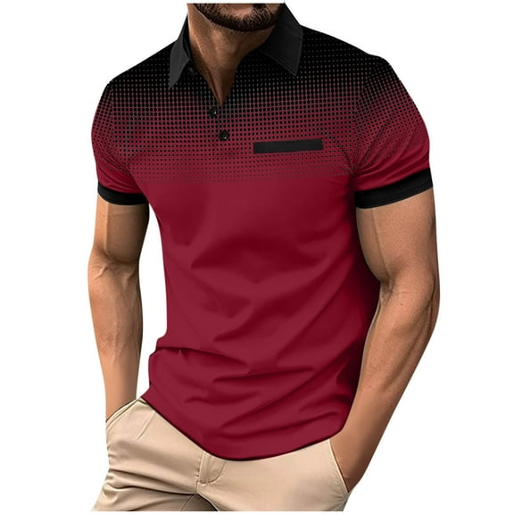 Fnooota Mens Polo Shirts with Collar, Summer Casual Pullover Gradient Print Short Sleeve Shirts Wine Size XL