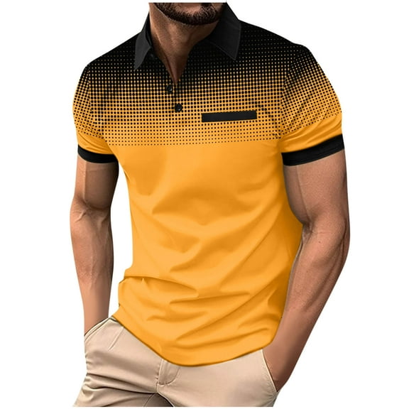 Fnooota Mens Polo Shirts with Collar, Summer Gradient Print Pullover Casual Short Sleeve Shirts Yellow Size S