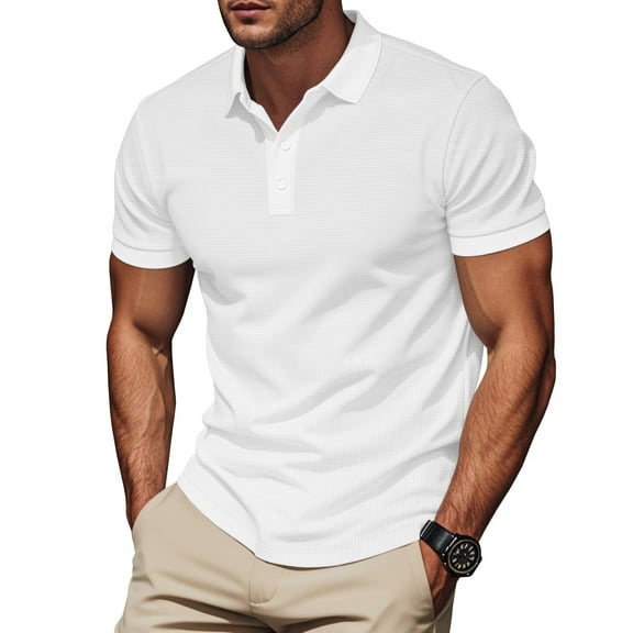 Fnooota Mens Polo Shirts with Collar, Vacation Buttons Short Sleeve Casual Summer Shirts White Size M