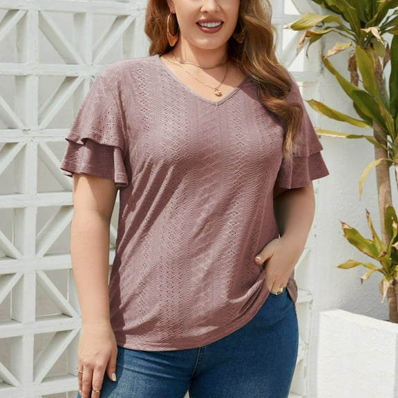 BXJX Plus Size Blouse for Women V-Neck Ruffles Sleeve Casual Loose Solid Color Summer Tunic Pink T-Shirt Size 3XL