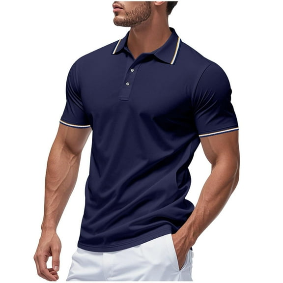 Fnooota Polo Shirts for Men 2025, Buttons Collared Pullover Summer Short Sleeve Shirts Navy Size 3XL