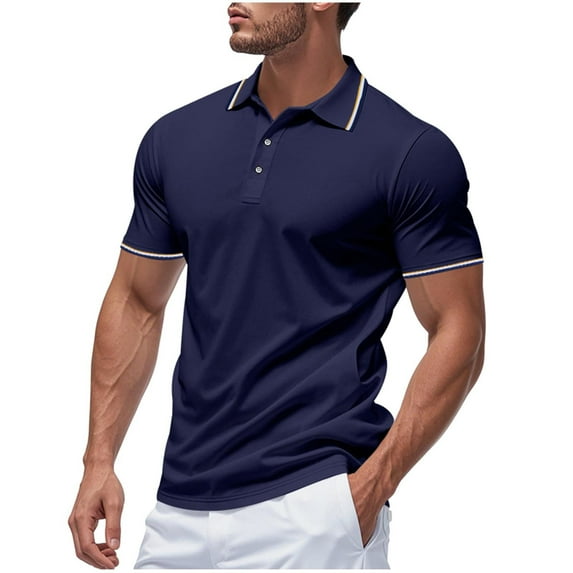 Fnooota Polo Shirts for Men 2025, Buttons Pullover Summer Collared Short Sleeve Shirts Navy Size XL