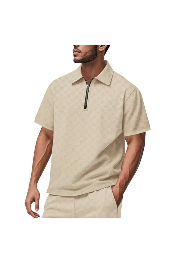 Polo Shirts for Men 2025, Casual Zipper Summer Collared Short Sleeve Shirts Khaki Size L