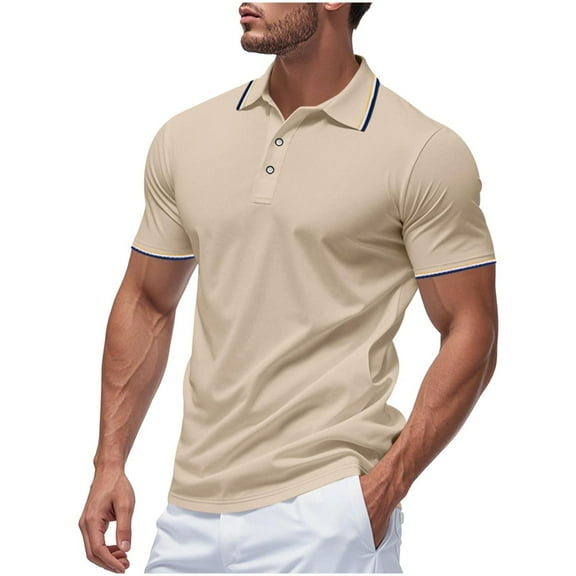 Fnooota Polo Shirts for Men 2025, Collared Pullover Summer Buttons Short Sleeve Shirts Khaki Size 2XL