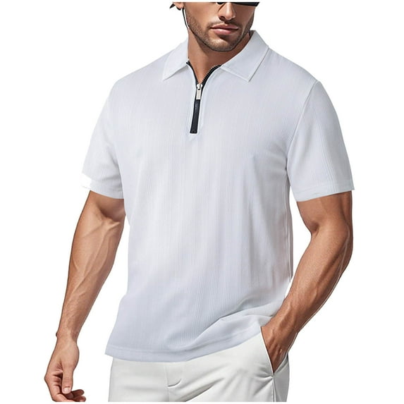 Fnooota Polo Shirts for Men 2025, Summer Zipper Collared Stretch Short Sleeve Shirts White Size 2XL