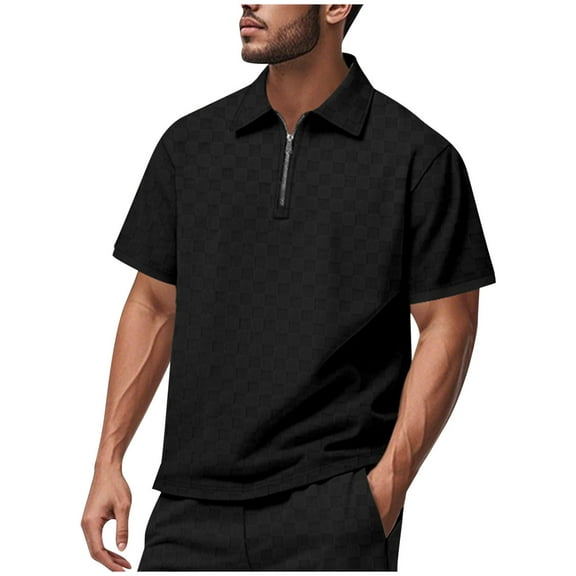 Fnooota Polo Shirts for Men 2025, Zipper Casual Collared Summer Short Sleeve Shirts Black Size S