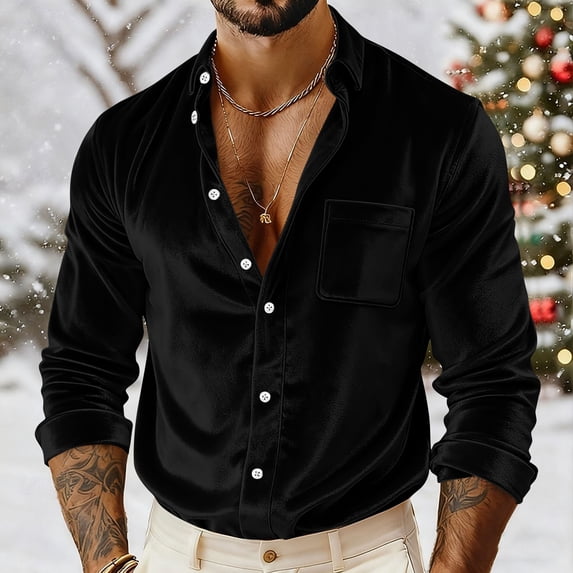 BXJX Retro Velvet Shirts for Men- Soft Comfy Loose Fit Button Down Formal Casual Business Shirts Black Size M
