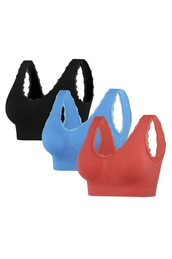 Sport Bras for Women 3 Pcs Seamless Comfortable Thin Wirefree Yoga Breathable Lace Sportswear for Women Watermelon Red Exercise Bra Size 3XL