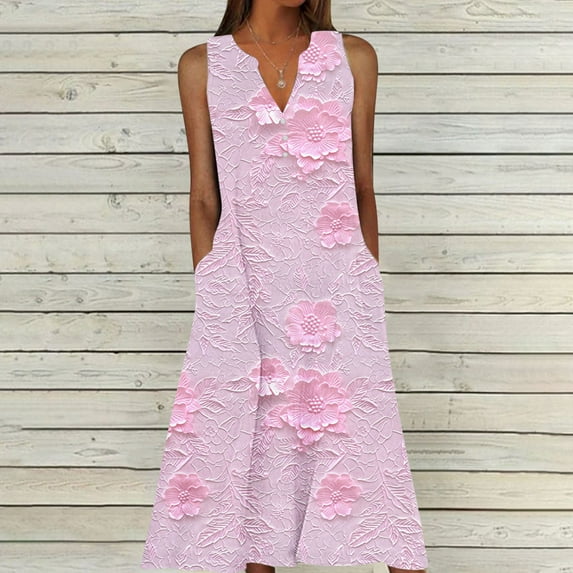 BXJX Summer Dresses Elegant Classy 2025 for Women, V Neck Swing Flowy Pleated Ruffle Loose Tank Sleeveless Casual Midi Dress with Pockets Multicolor Size 4XL