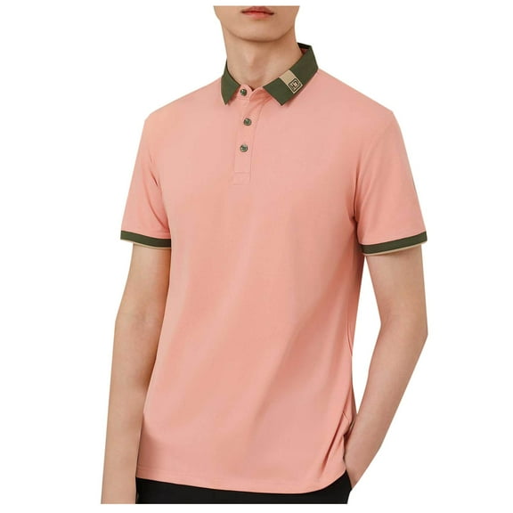 Fnooota Summer Polo Shirts for Men, Collared Casual Breathable Pullover Short Sleeve Shirts Pink Size 2XL