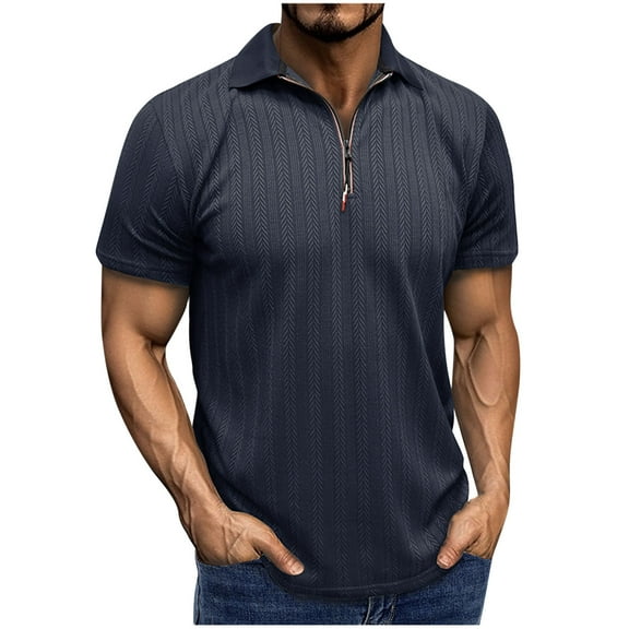 Fnooota Summer Polo Shirts for Men, Collared Casual Zipper Workout Short Sleeve Shirts Dark Blue Size XL