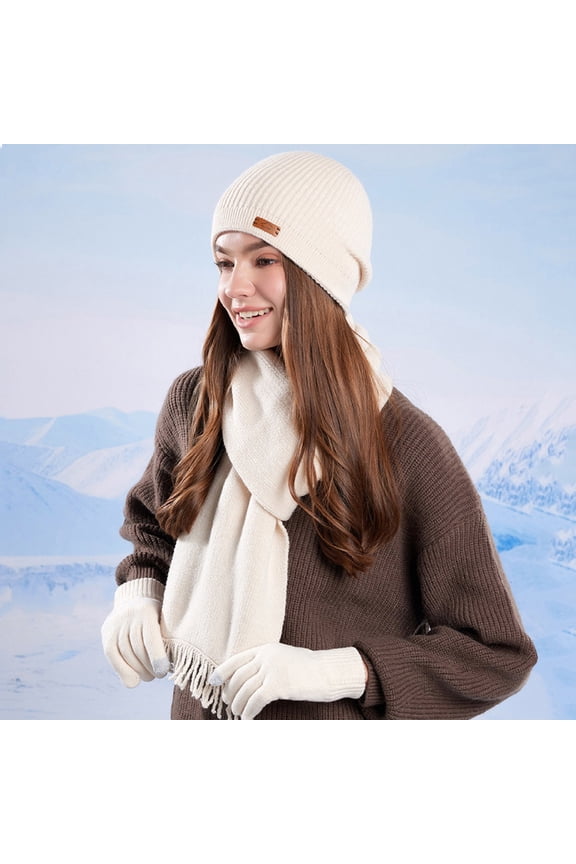 Warm Beanie Hats for Women- Fleece Lined Beanie Knit Cuffed Ski Cap Three-piece Set Warm Winter Caps Beige Size Free Size