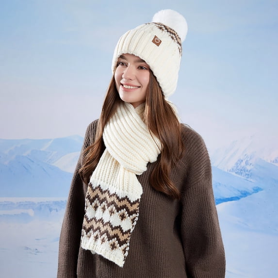 BXJX Warm Beanie Hats for Women- Scarf Two-Piece Set Fleece Lined Beanie Knit Cuffed Ski Cap Warm Winter Caps White Size Free Size