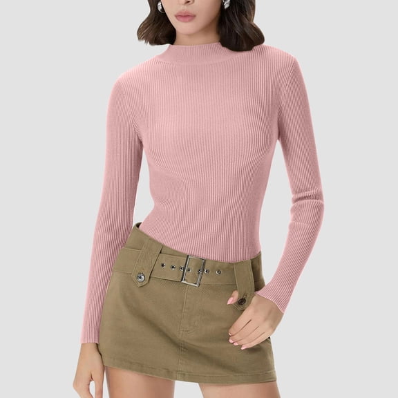 BXJX Women Half Turtleneck Knit Sweaters- Slim Fit Ribbed Pullover Soft Stretchy Basic Long Sleeve Sweater Pink Size L