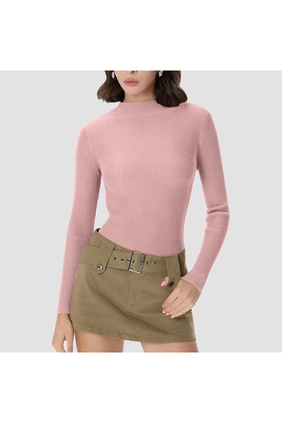 Women Half Turtleneck Knit Sweaters- Slim Fit Stretchy Soft Ribbed Pullover Basic Long Sleeve Sweater Pink Size M