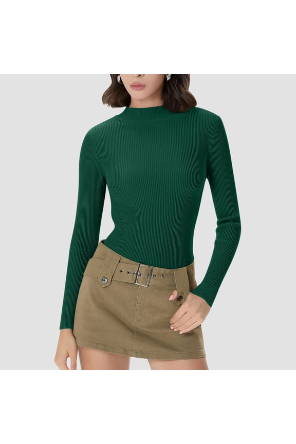 Women Half Turtleneck Knit Sweaters- Soft Stretchy Slim Fit Ribbed Pullover Basic Long Sleeve Sweater Green Size 2XL