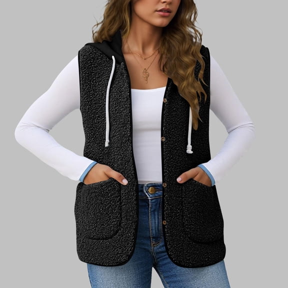 BXJX Women V Neck Fleece Vest- Button Down Casual Open Front Sleeveless Winter Warm Cozy Outerwear with Pockets Black Size M