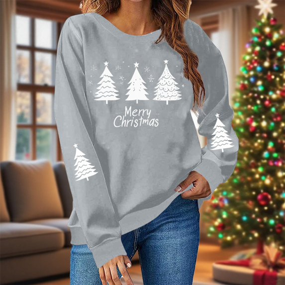 BXJX Women's Christmas Print Crewneck Sweatshirt- Round Neck Fashionable Loose Fit Festive Regular Sleeve Pullover Sweatshirt Gray Size S