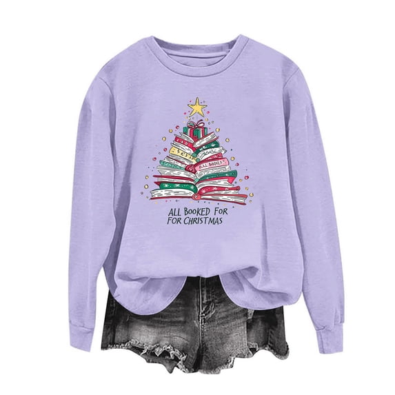 BXJX Women's Christmas Print Long Sleeve Pullover Sweatshirt- Holiday Fashion Casual Loose Pullover for Winter Streetwear Purple Size S