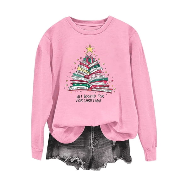 BXJX Women's Christmas Print Long Sleeve Pullover Sweatshirt- Loose Holiday Casual Fashion Pullover for Winter Streetwear Pink Size M