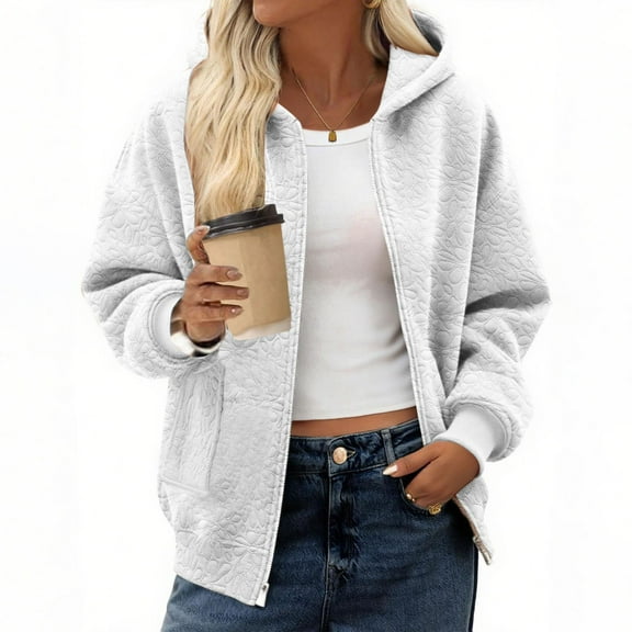 BXJX Women's Hooded Zip-Up Jacket- Casual Fashion Fall Long Sleeve Warm Loose Fit Pocket Coat White Size 2XL