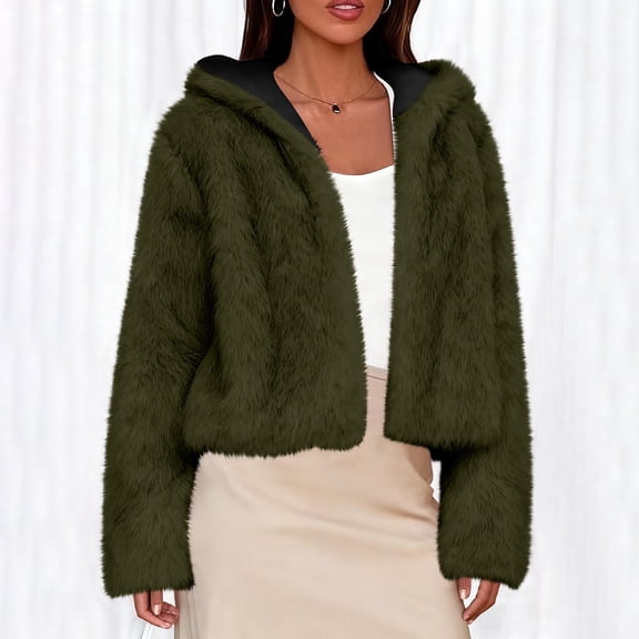 BXJX Women's Loose Knit Cardigan Jackets- Faux Long Hair With Lining Casual Warm Fashion Trendy Drop Shoulder Hooded Top Army Green Size L