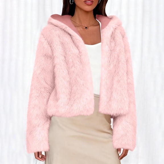 BXJX Women's Loose Knit Cardigan Jackets- Faux Long Hair With Lining Warm Fashion Trendy Casual Drop Shoulder Hooded Top Pink Size XL