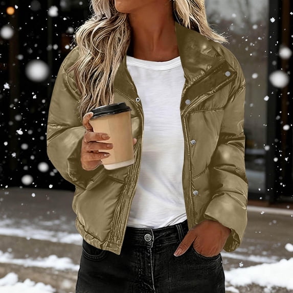 BXJX Women's Puffer Jackets- Zip Up Warm Comfy Stand Collar Long Sleeve Quilted Jacket with Pockets Khaki Size L