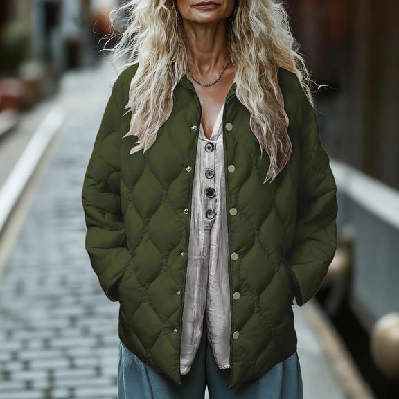 BXJX Women's Puffer Standing Collar Quilted Jacket- Warm Winter Button Fashion Ultra Light Loose Fit Lightweight Mid Length Outwear Coat with Pocket Army Green Size M