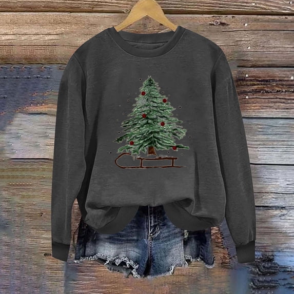 BXJX Women's Round Neck Christmas Print Sweatshirt- Winter Casual Loose Fit Holiday Christmas Pullover Tops Dark Gray Size XS