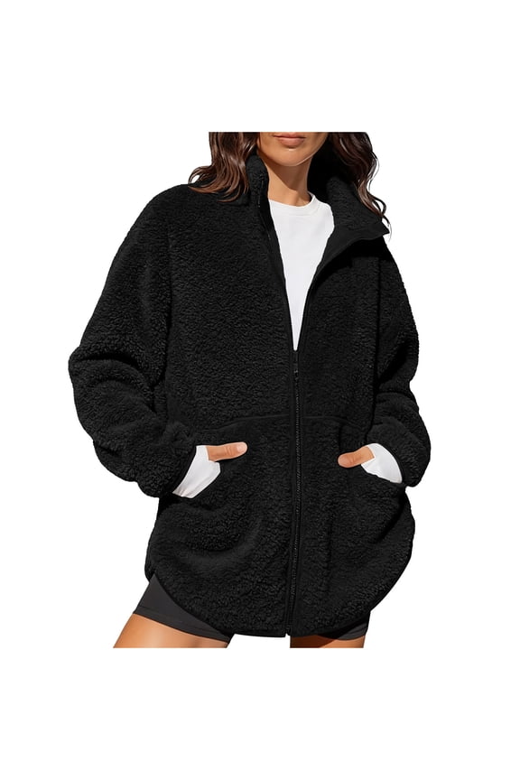 Women's Stand Collar Fleece Jacket- Lightweight Zip Front Casual Thermal Thermal Outerwear with Pockets Black Size L