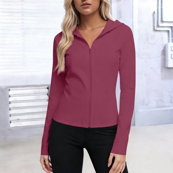 BXJX Women's Sun Protection Jackets, Long Sleeve Hooded Full-Zip Lightweight Rash Guard Shirts Wine Size S
