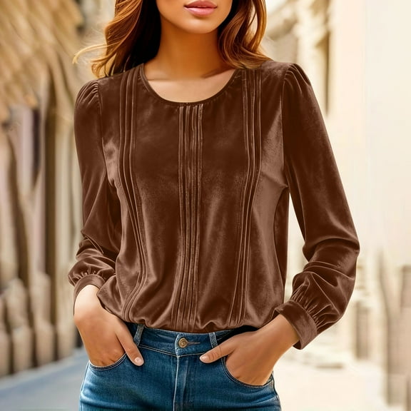 BXJX Women's Velvet Pleated Blouse- Elegant Fall Round Neck Ribbed Cuff Casual Top Coffee Size S