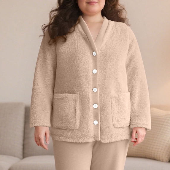 BXJX Women's Winter Thermal Loungewear Top- Cardigan with Pockets Button Front Casual Double-Sided Plush Soft Plush Open Front Sleepshirt Khaki Size S
