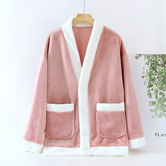 BXJX Women's Winter Thermal Loungewear Top- Cardigan with Pockets Casual Double-Sided Plush Button Front Soft Plush Open Front Sleepshirt Pink Size XL