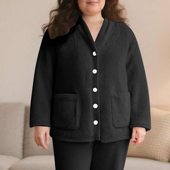 BXJX Women's Winter Thermal Loungewear Top- Casual Cardigan with Pockets Button Front Double-Sided Plush Soft Plush Open Front Sleepshirt Black Size 2XL