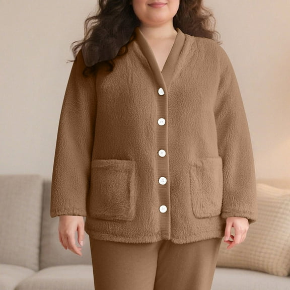 BXJX Women's Winter Thermal Loungewear Top- Casual Cardigan with Pockets Button Front Double-Sided Plush Soft Plush Open Front Sleepshirt Brown Size S