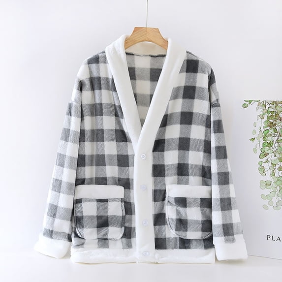 BXJX Women's Winter Thermal Loungewear Top- Double-Sided Plush Cardigan with Pockets Casual Button Front Soft Plush Open Front Sleepshirt Gray Size L