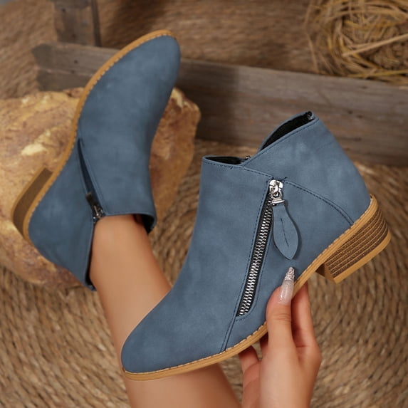 BXJX Womens Ankle Boots, Low Heel Pointed Toe Non Slip Side Zipper Booties for Fall Winter Blue Size 9.5