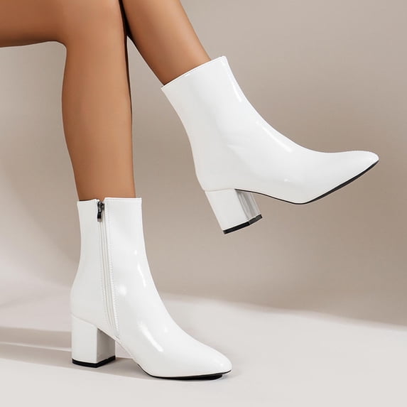 BXJX Womens Ankle Boots, Non Slip Block Heel Pointed Toe Zip Up Ladies Booties White Size 6