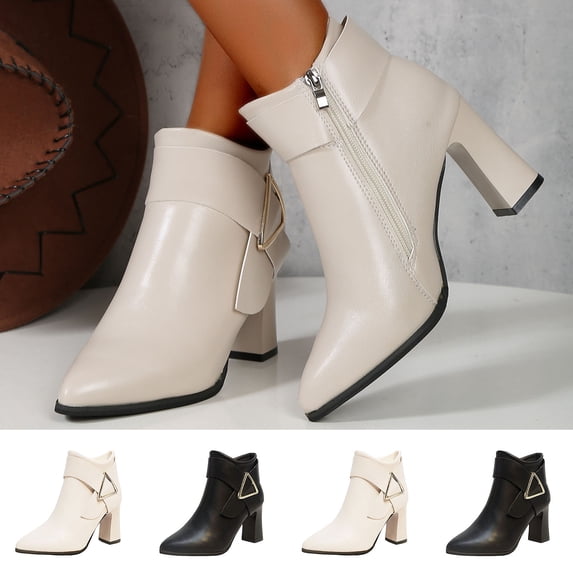 BXJX Womens Ankle Boots, Non Slip Pointed Toe Zipper Block Heel Ladies Booties White Size 5.5