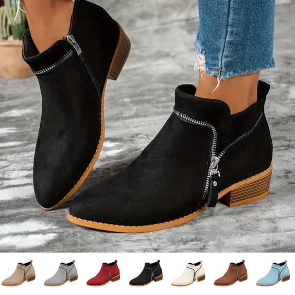 BXJX Womens Ankle Boots, Non Slip Zip up Low Heel Pointed Toe Booties for Fall Winter Black Size 5.5